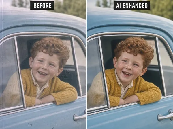 Before-and-after comparison showing AI cine-film restoration